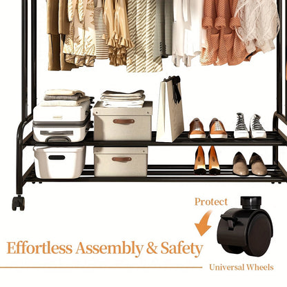 Heavy Duty Double Rod Clothes Rack w/ Wheels Shelves Hooks Garment Rack