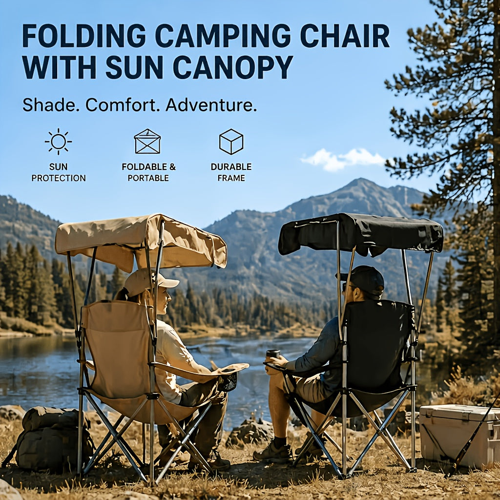 Outdoor Camping Chair w/ Canopy Foldable Portable Chair Cup Holder Carry Bag