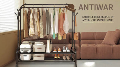 Heavy Duty Double Rod Clothes Rack w/ Wheels Shelves Hooks Garment Rack