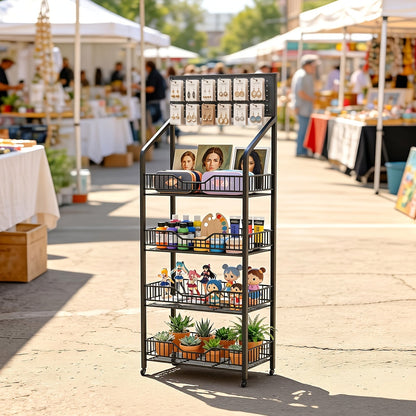 3/4/5 Tier Retail Display Rack Metal Snack Display Stand w/ Hooks & Wheels
