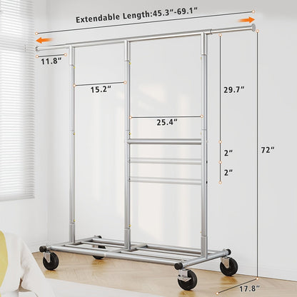 Raybee 74" Heavy Duty Clothes Rack Double Rod Garment Rack 630LBS w/Wheels