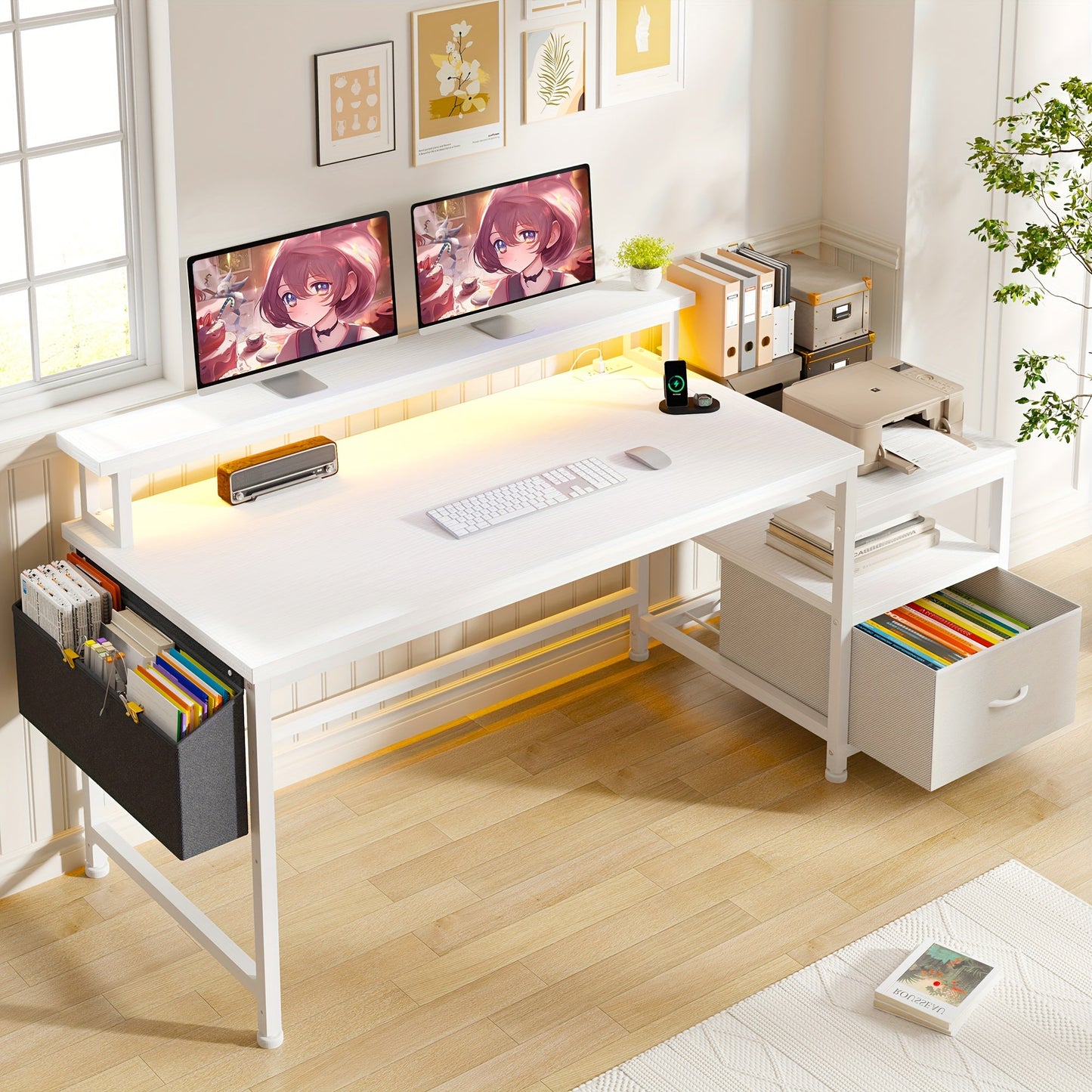 EnHomee 57" Computer Desk w/ Drawers Power Outlets Printer Shelf Home Office