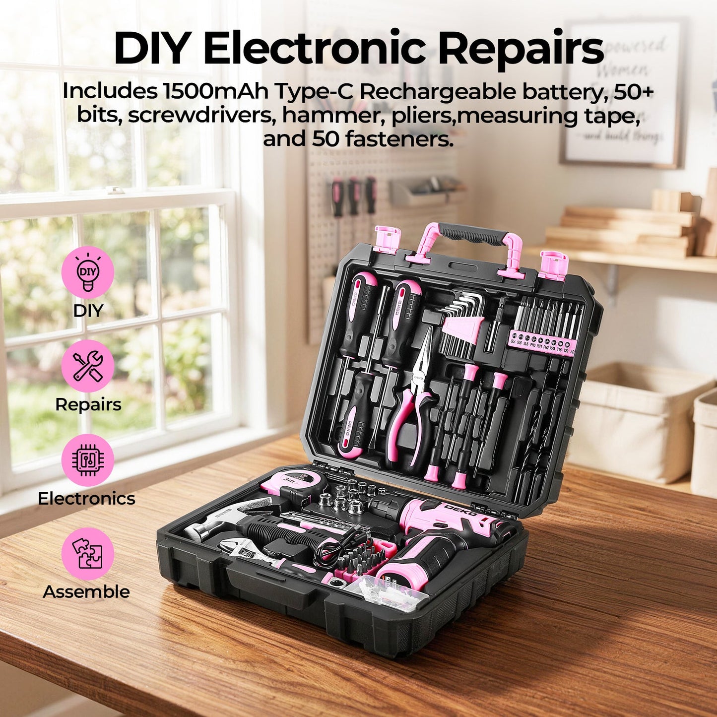 119 PCS Power Tool Set 8V/12V Cordless Drill Driver Hand Tool Kit Home DIY Repair