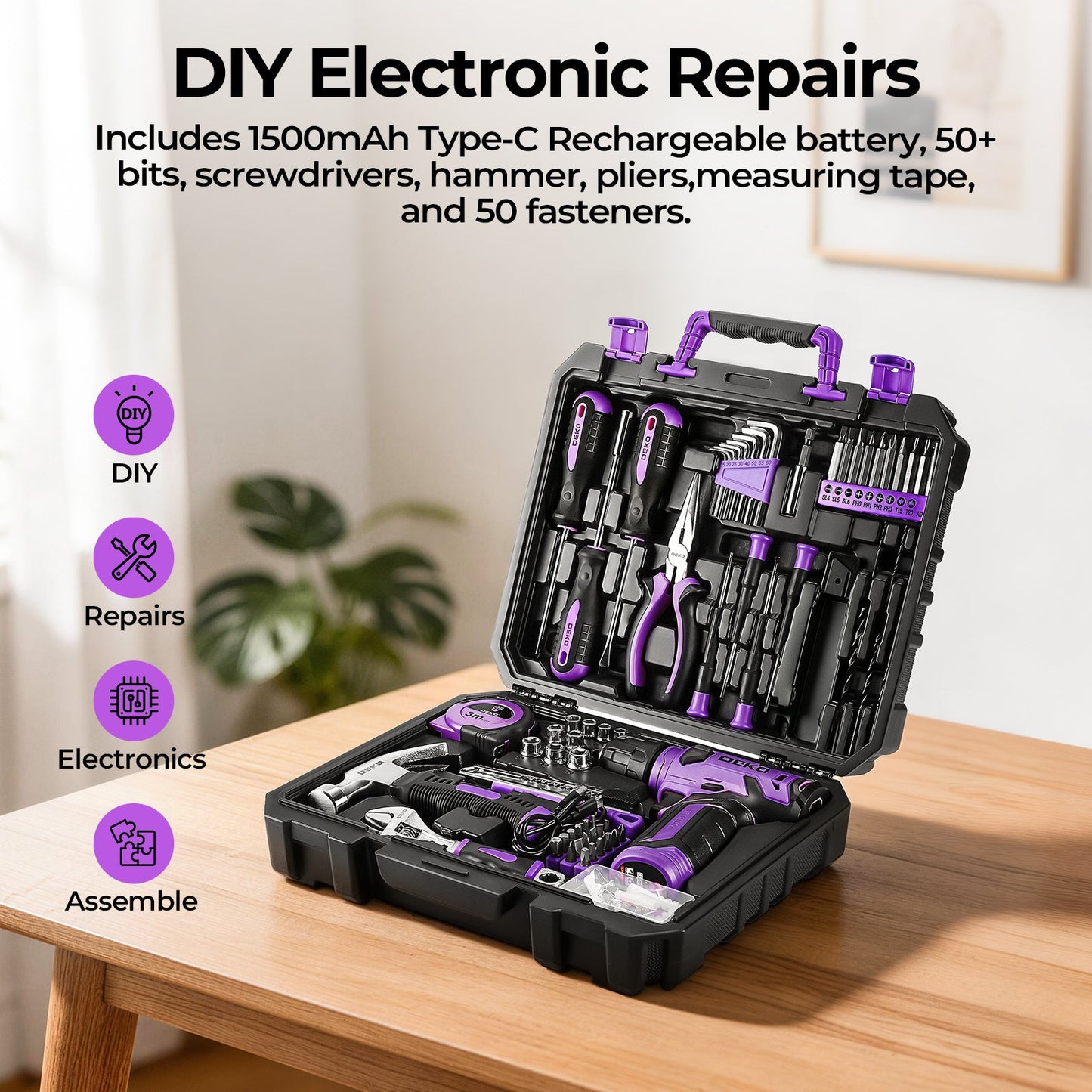 119 PCS Power Tool Set 8V/12V Cordless Drill Driver Hand Tool Kit Home DIY Repair