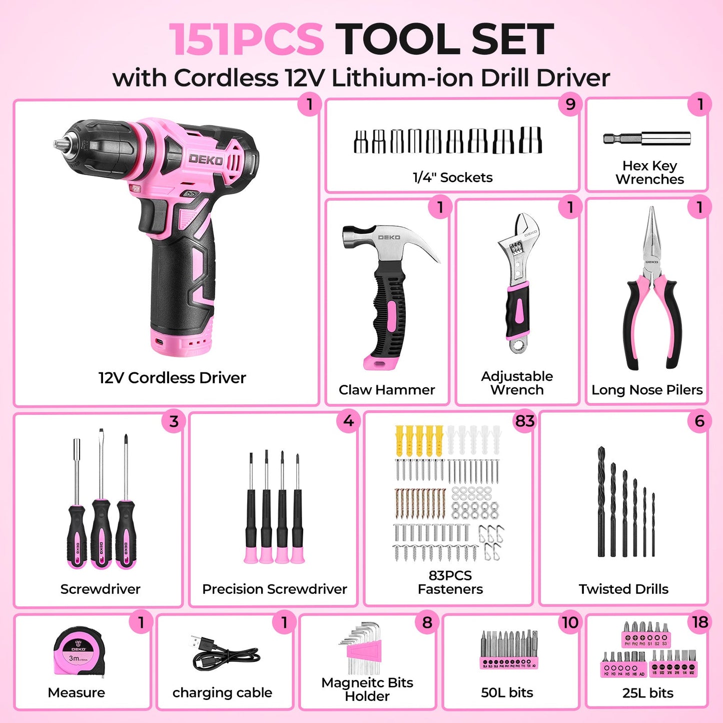 119 PCS Power Tool Set 8V/12V Cordless Drill Driver Hand Tool Kit Home DIY Repair