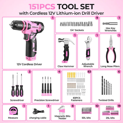 119 PCS Power Tool Set 8V/12V Cordless Drill Driver Hand Tool Kit Home DIY Repair