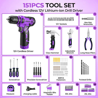 119 PCS Power Tool Set 8V/12V Cordless Drill Driver Hand Tool Kit Home DIY Repair