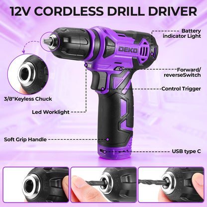 119 PCS Power Tool Set 8V/12V Cordless Drill Driver Hand Tool Kit Home DIY Repair