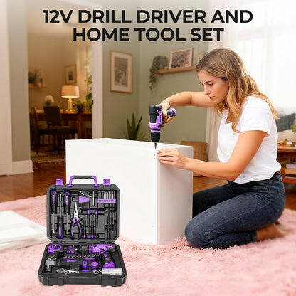119 PCS Power Tool Set 8V/12V Cordless Drill Driver Hand Tool Kit Home DIY Repair