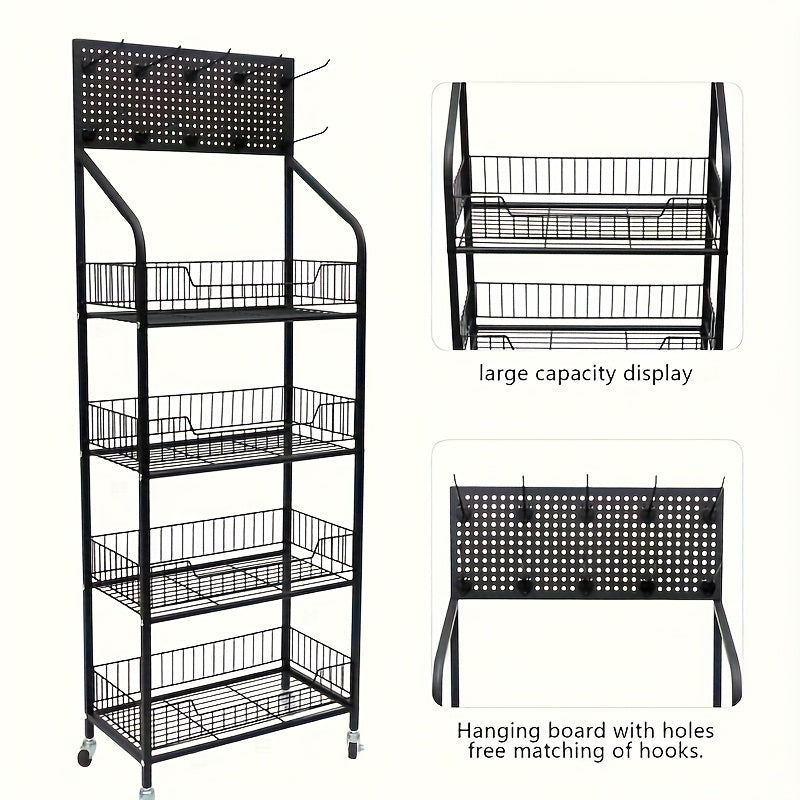 3/4/5 Tier Retail Display Rack Metal Snack Display Stand w/ Hooks & Wheels