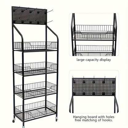 3/4/5 Tier Retail Display Rack Metal Snack Display Stand w/ Hooks & Wheels