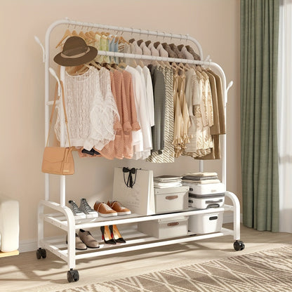 Heavy Duty Double Rod Clothes Rack w/ Wheels Shelves Hooks Garment Rack