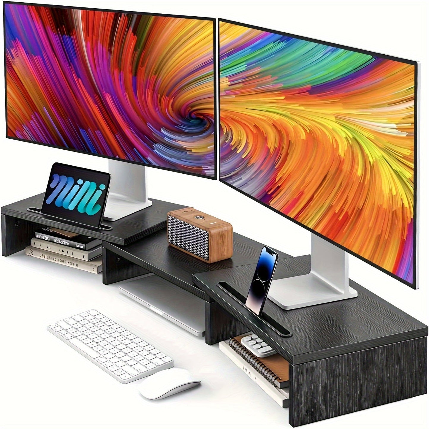 Dual Monitor Stand Riser Adjustable Desktop Organizer for PC Laptop Printer