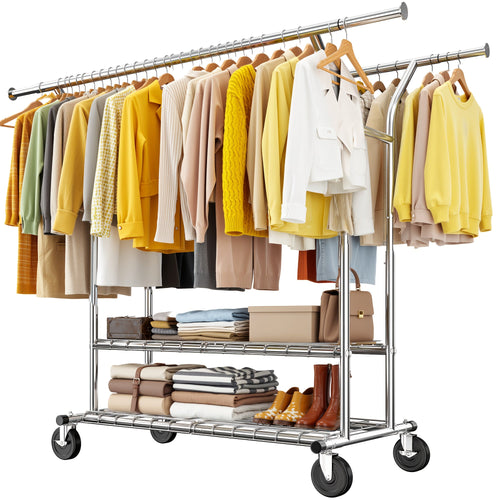 Raybee 74" Heavy Duty Clothes Rack Double Rod Garment Rack 630LBS w/Wheels