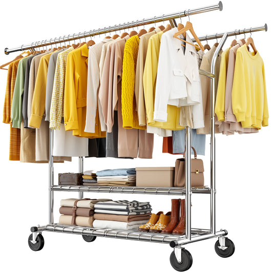 Raybee 74" Heavy Duty Clothes Rack Double Rod Garment Rack 630LBS w/Wheels