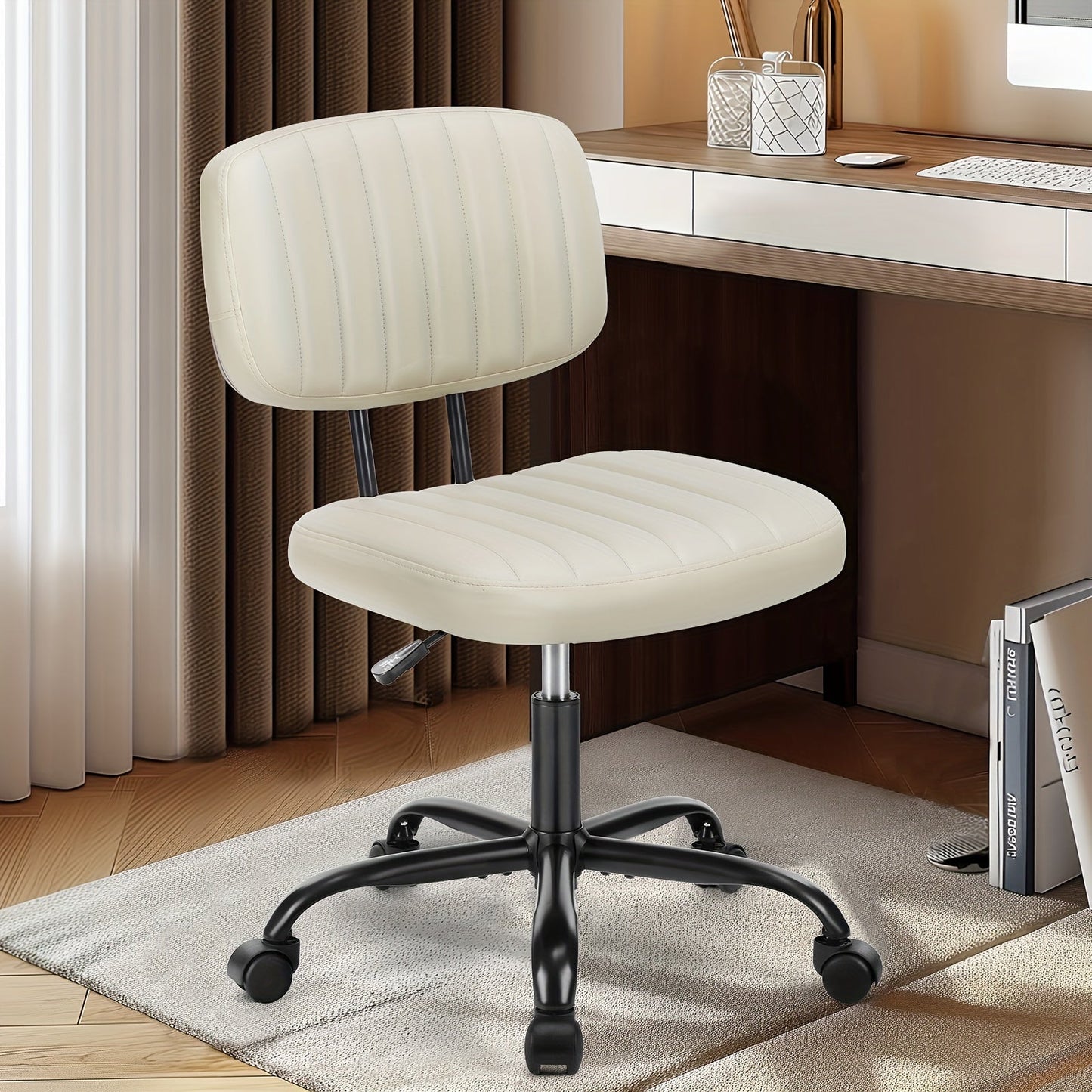 Armless Office Chair PU Leather Rolling Desk Chair Task Vanity Chair Wheels