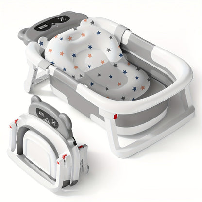 Foldable Baby Bathtub with Thermometer Soft Cushion Portable Baby Bath Tub