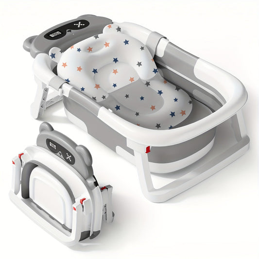 Foldable Baby Bathtub with Thermometer Soft Cushion Portable Baby Bath Tub