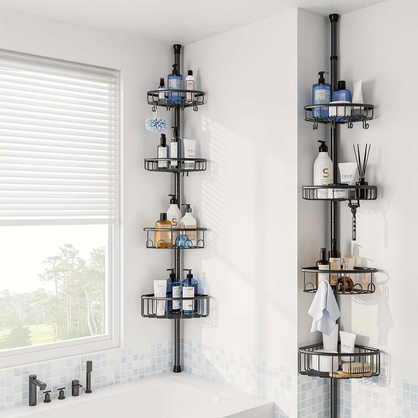 4-Tier Corner Shower Organizer Telescopic Pole Rustproof Bathroom Storage Black