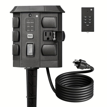 Outdoor Power Stake Timer w/ Remote, 6FT Cord, 6 Outlets, Dusk to Dawn Light Timer
