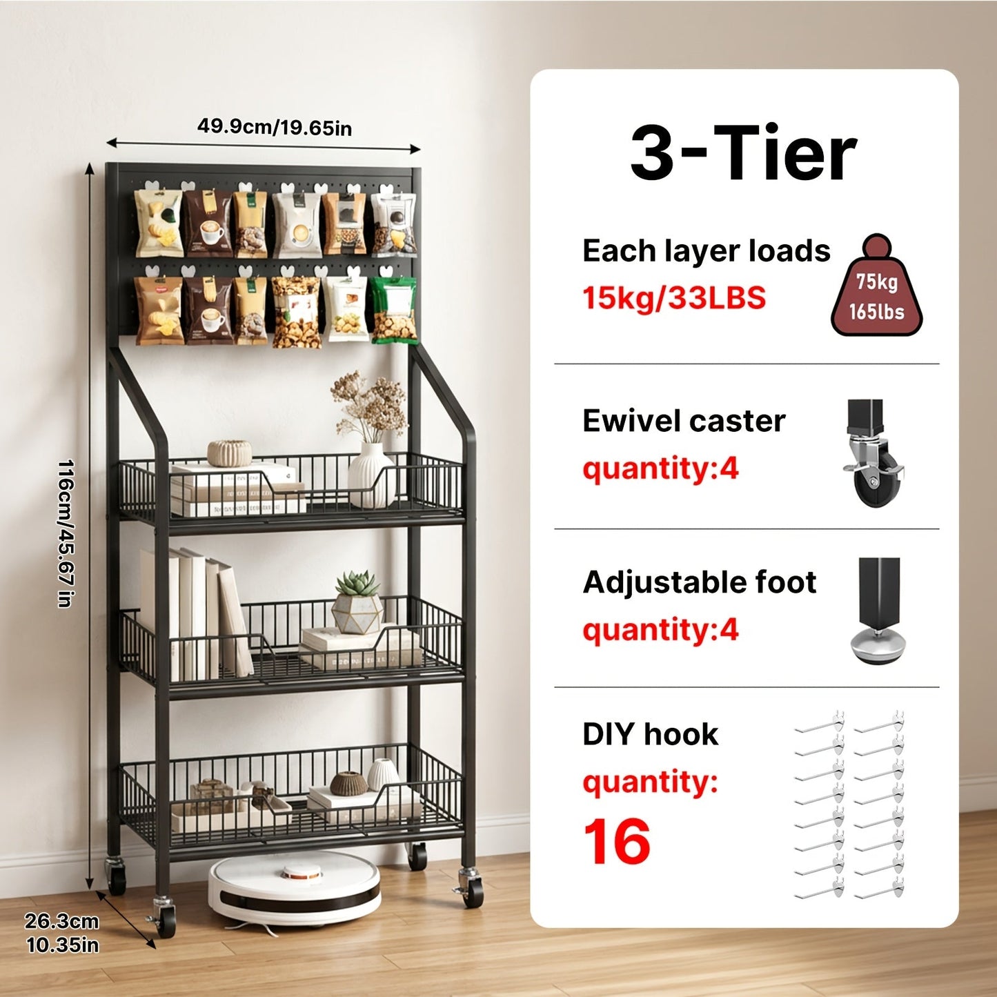 3/4/5 Tier Retail Display Rack Metal Snack Display Stand w/ Hooks & Wheels