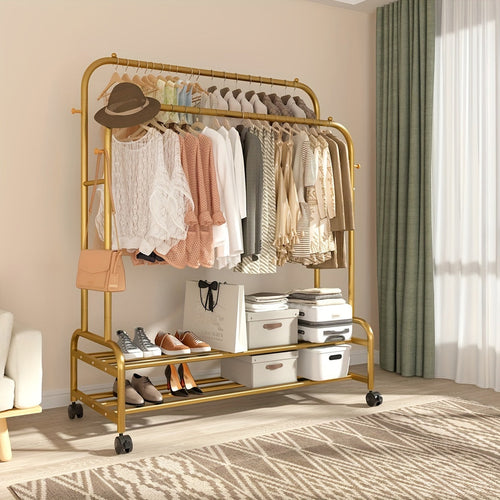 Heavy Duty Double Rod Clothes Rack w/ Wheels Shelves Hooks Garment Rack