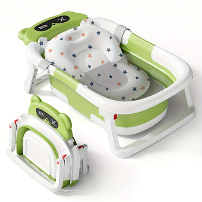 Foldable Baby Bathtub with Thermometer Soft Cushion Portable Baby Bath Tub