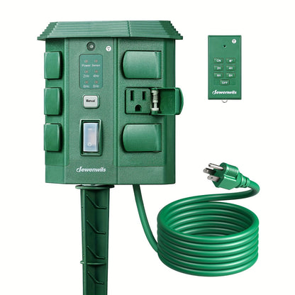 Outdoor Power Stake Timer w/ Remote, 6FT Cord, 6 Outlets, Dusk to Dawn Light Timer