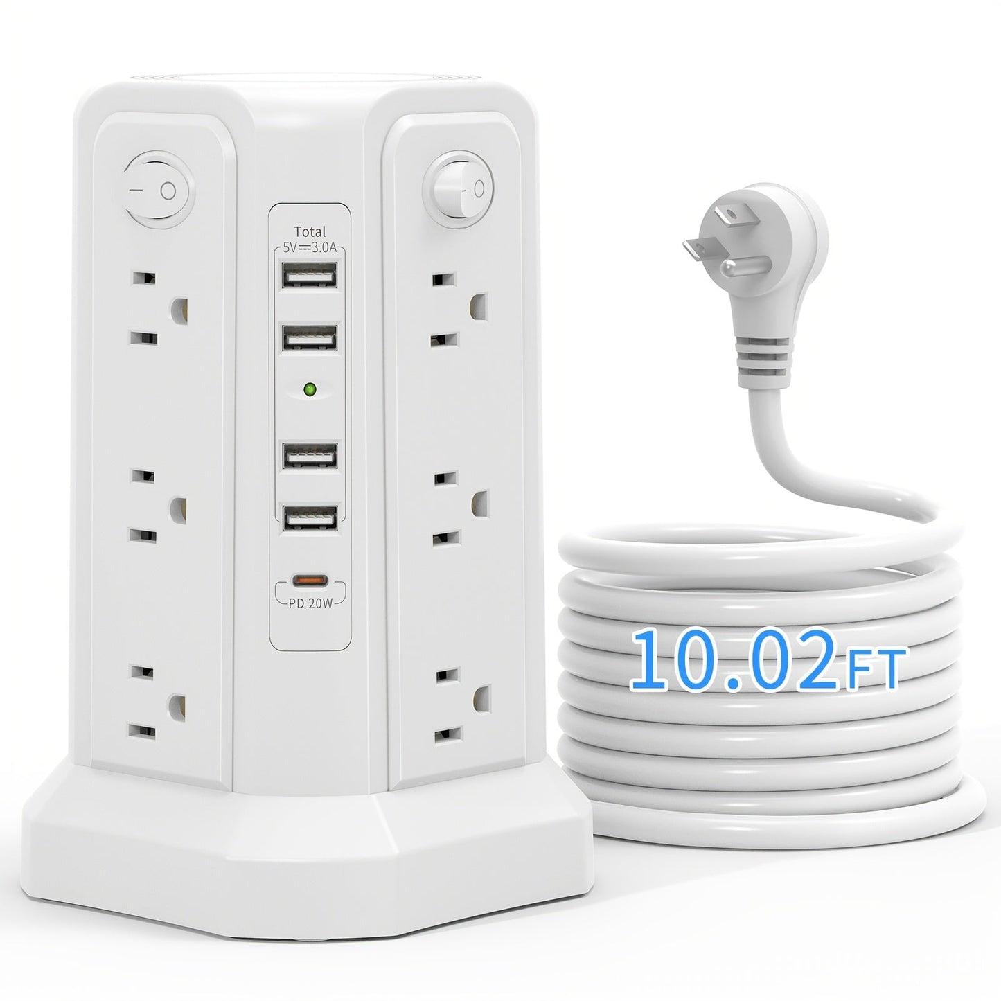 Power Strip Tower Surge Protector 12 AC Outlets 5 USB Ports 8.8ft Cord Gray