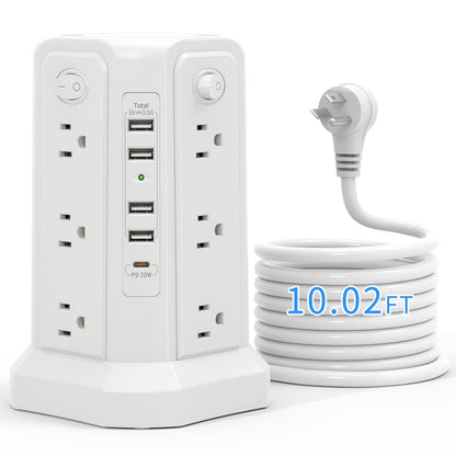 Power Strip Tower Surge Protector 12 AC Outlets 5 USB Ports 8.8ft Cord Gray