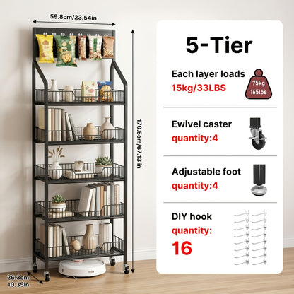 3/4/5 Tier Retail Display Rack Metal Snack Display Stand w/ Hooks & Wheels