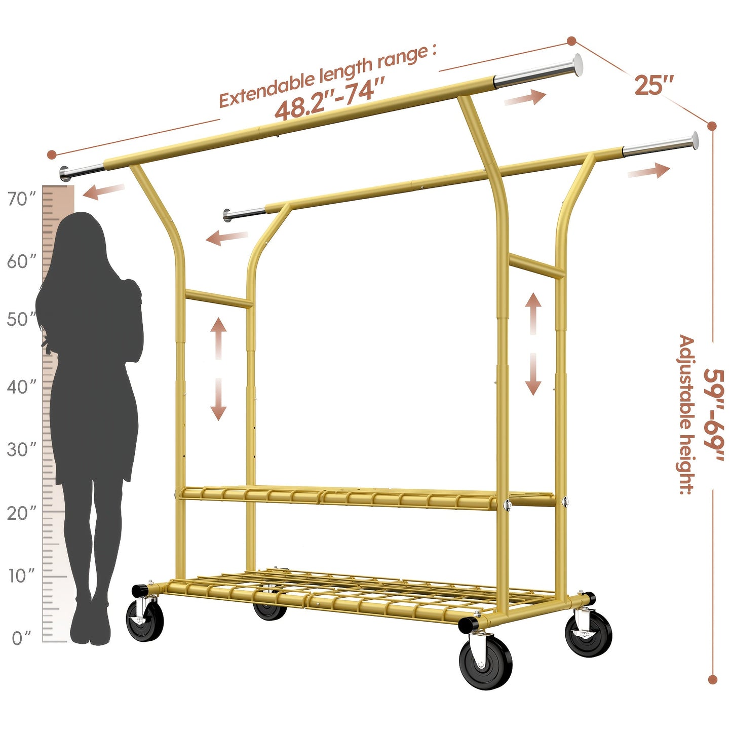 Raybee 74" Heavy Duty Clothes Rack w/ Wheels, Double Rod Adjustable Garment Rack 630LB