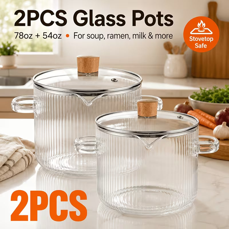 2-Piece Ribbed Borosilicate Glass Saucepan Set with Lids – Stovetop-Safe Cooking Pots