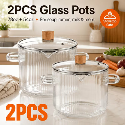 2-Piece Ribbed Borosilicate Glass Saucepan Set with Lids – Stovetop-Safe Cooking Pots