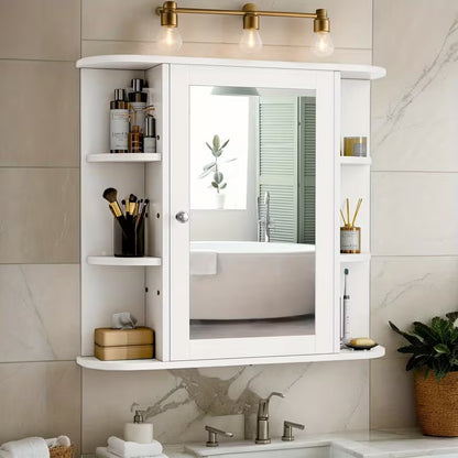 Wall-Mounted Bathroom Mirror Cabinet with 6 Open Side Shelves, White Medicine Storage Cabinet & Bathroom Organizer