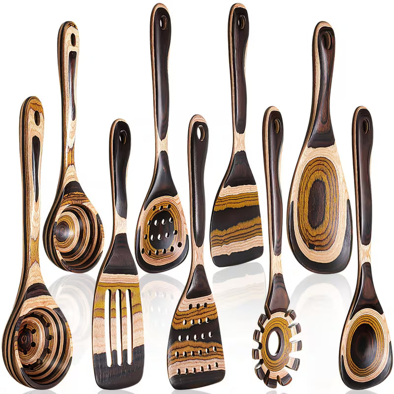 9-Piece Brown Pakkawood Kitchen Utensil Set