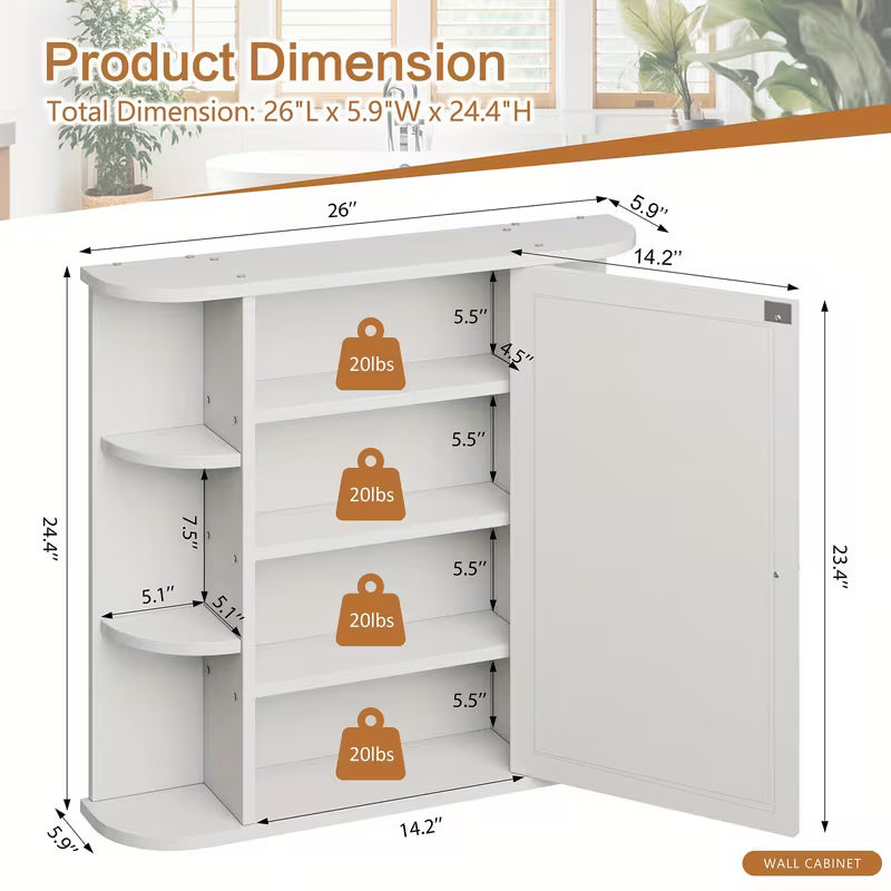 Wall-Mounted Bathroom Mirror Cabinet with 6 Open Side Shelves, White Medicine Storage Cabinet & Bathroom Organizer