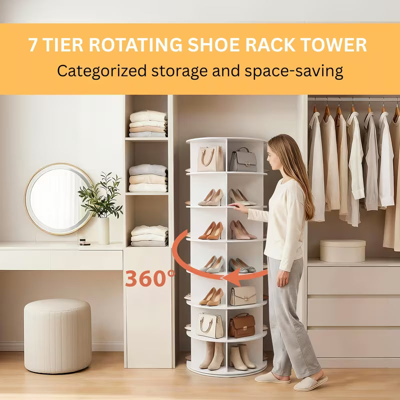 7-Tier 360° Rotating Shoe Rack Tower, Spinning Shoe Organizer and Storage Carousel for Entryway, Closet, Bedroom & Living Room