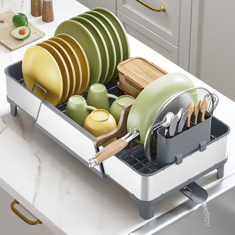 Adjustable Stainless Steel Dish Drying Rack with Utensil Holder & Pan Rack