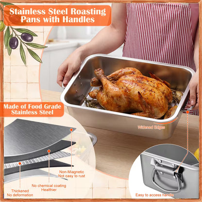 2-Piece Deep Stainless Steel Roasting Pan Set – Large Rectangular Oven Roaster with Handles