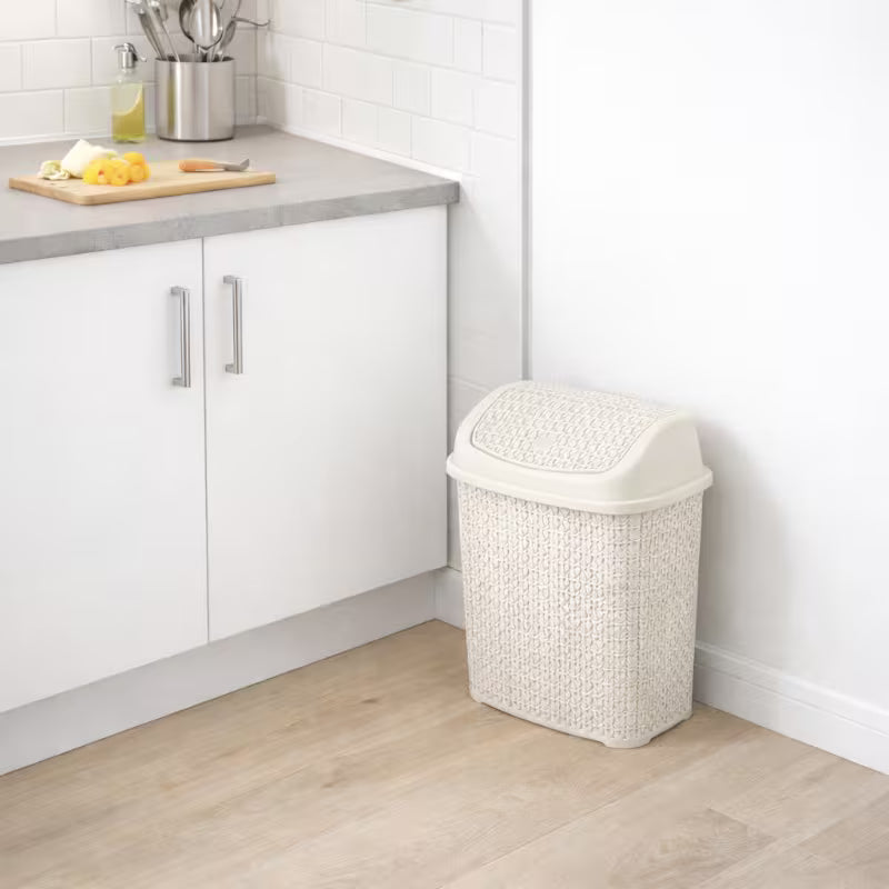 Modern Woven-Style Flip Lid Trash Can, Minimalist Plastic Waste Bin for Bathroom, Bedroom & Office