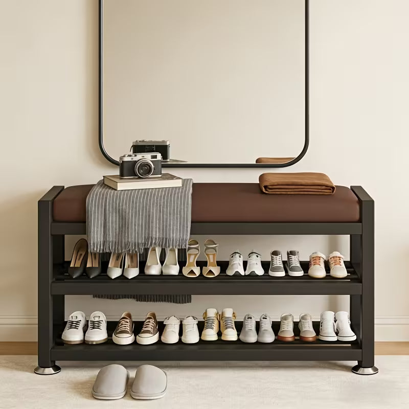 Modern Entryway Shoe Bench with Thick Cushioned Seat, Multi-Compartment Shoe Rack Organizer with Metal Frame for Bedroom, Hallway & Entryway
