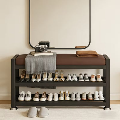 Modern Entryway Shoe Bench with Thick Cushioned Seat, Multi-Compartment Shoe Rack Organizer with Metal Frame for Bedroom, Hallway & Entryway