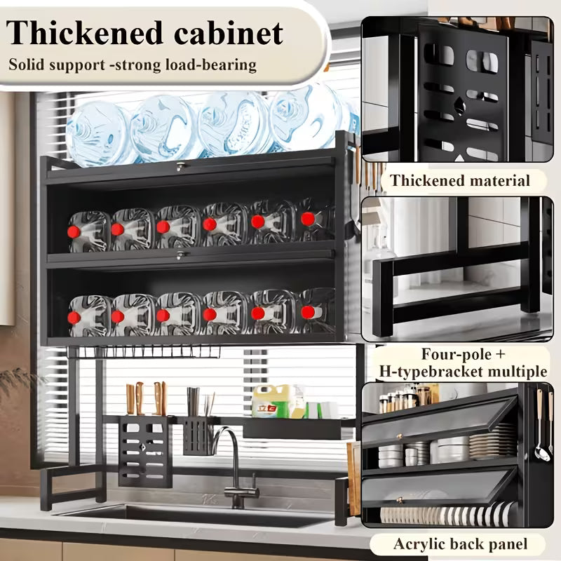 Black Over Sink Dish Drying Rack with Cover, Large Kitchen Dish Organizer with Cabinet Doors, Countertop Space Saver
