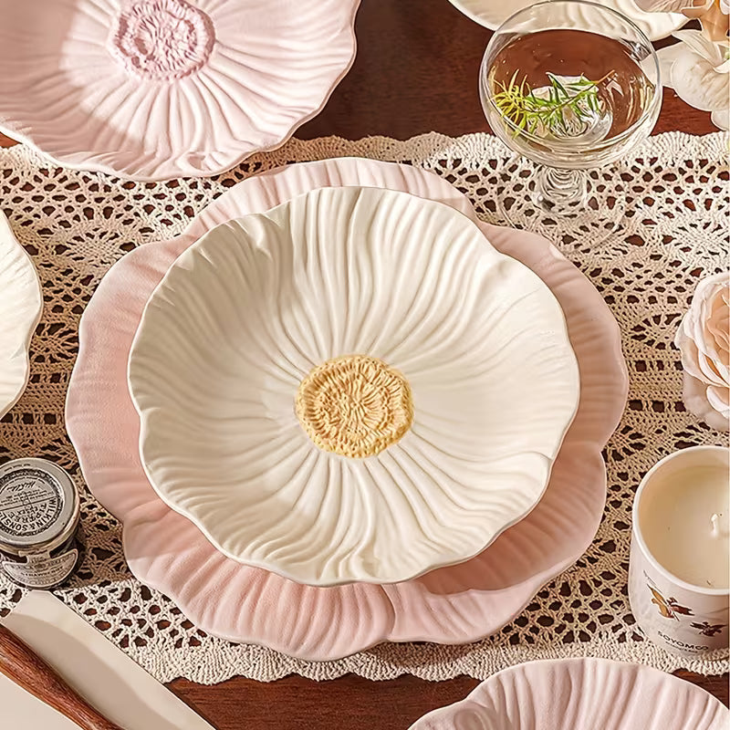 12-Piece Matte Flower-Shaped Ceramic Tableware Set