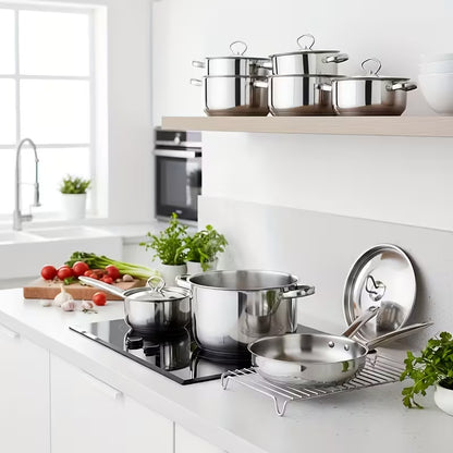 12-Piece Stainless Steel Cookware Set with Lids & Utensils – Induction Compatible Kitchen Pots and Pans