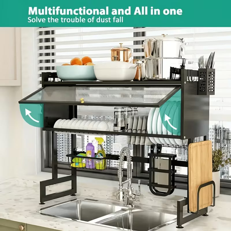Black Over Sink Dish Drying Rack with Cover, Large Kitchen Dish Organizer with Cabinet Doors, Countertop Space Saver
