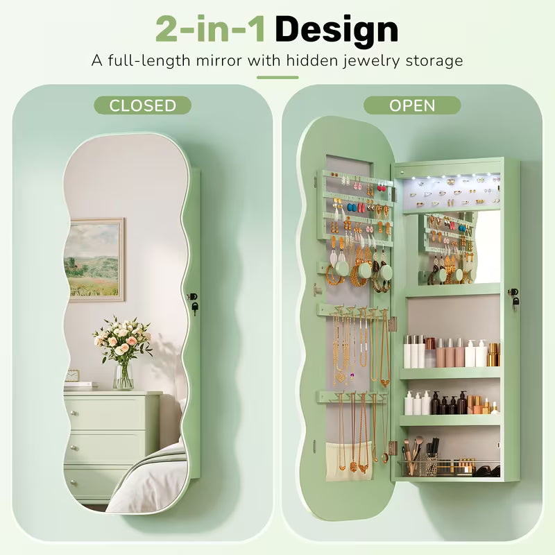 Wavy Mirror Jewelry Cabinet with 6 LED Lights, Interior Makeup Mirror & Lockable Storage