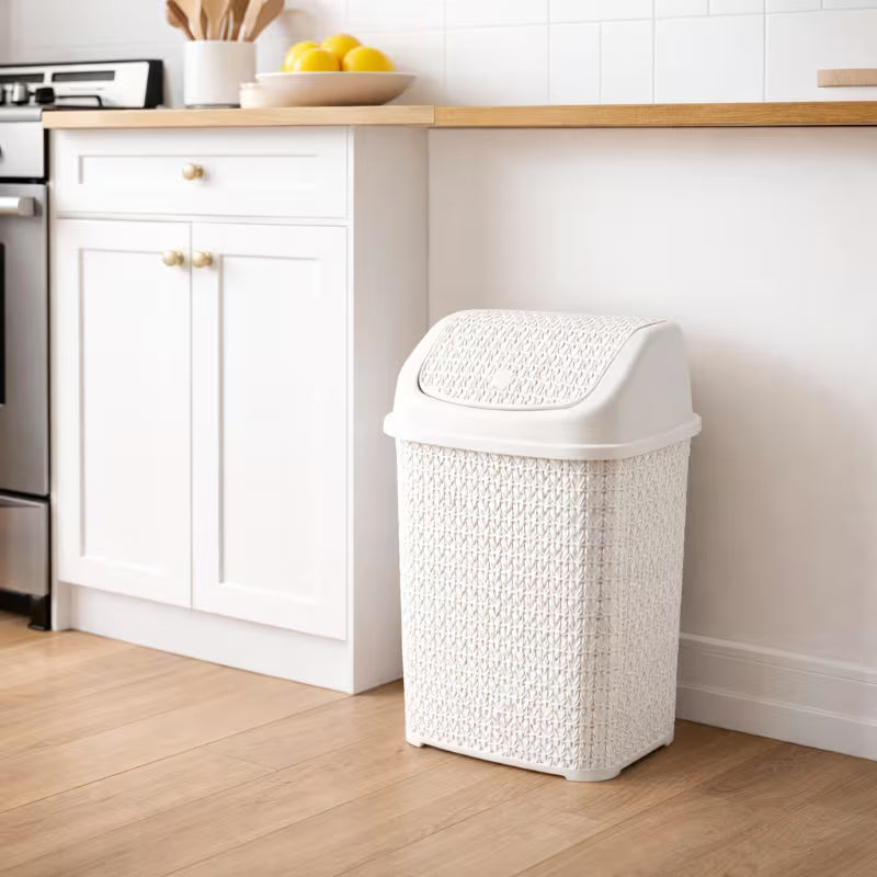 Modern Woven-Style Flip Lid Trash Can, Minimalist Plastic Waste Bin for Bathroom, Bedroom & Office