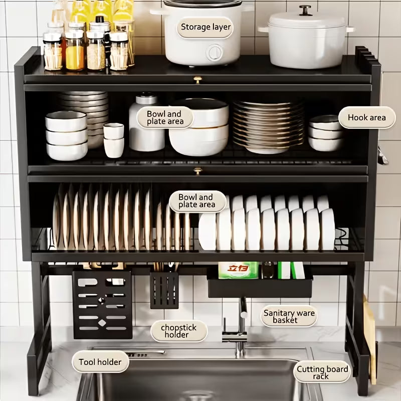 Black Over Sink Dish Drying Rack with Cover, Large Kitchen Dish Organizer with Cabinet Doors, Countertop Space Saver